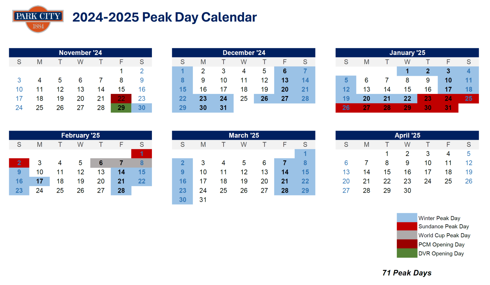 Winter Peak Day Calendar 2024-25